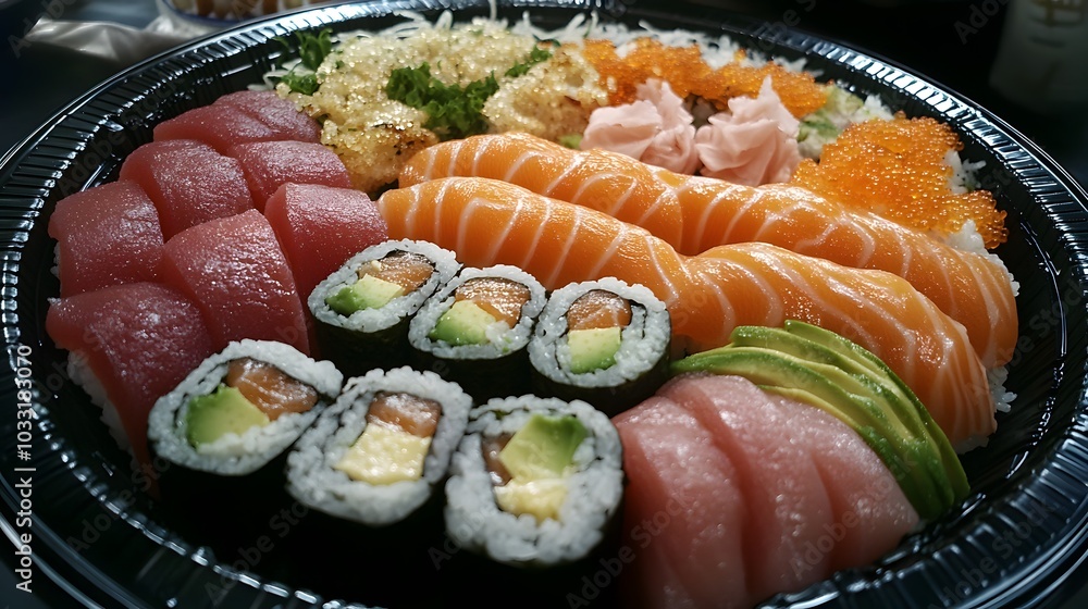 A traditional Japanese sushi platter, with vibrant slices of tuna, salmon, and avocado rolls.
A traditional Japanese sushi platter, with vibrant slices of tuna, salmon, and avocado rolls.