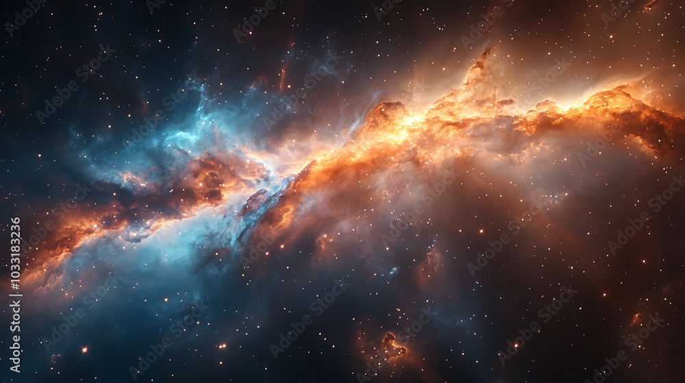 Fototapeta premium A cosmic nebula, with swirling clouds of gas and dust, illuminated by distant stars, against a backdrop of a deep, dark, star-filled space.