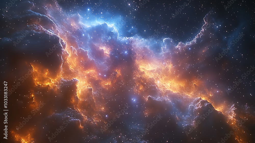 Fototapeta premium A vibrant nebula with swirling clouds of gas and dust, illuminated by stars in a deep space scene.