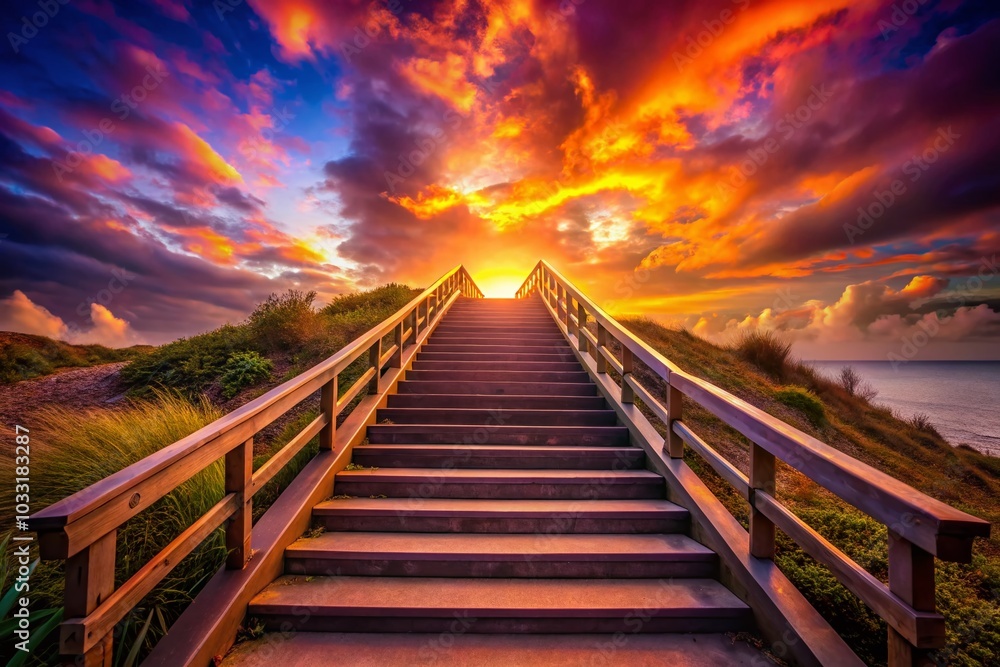 Fototapeta premium Vibrant Sunset Over a Stairway to Hope and Possibilities