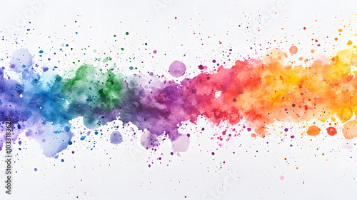 Vibrant Watercolour Rainbow Splatter on Clean White Canvas, Dynamic Colors Merging, Artistic Expression, Vivid and Playful Design