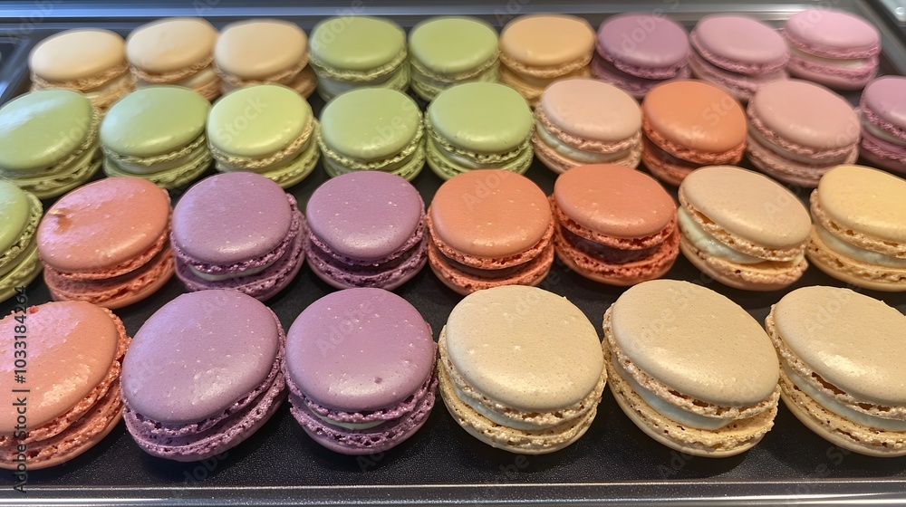 A tray of colorful macarons, in pastel shades with flavors like raspberry, pistachio, and lavender.
A tray of colorful macarons, in pastel shades with flavors like raspberry, pistachio, and lavender.