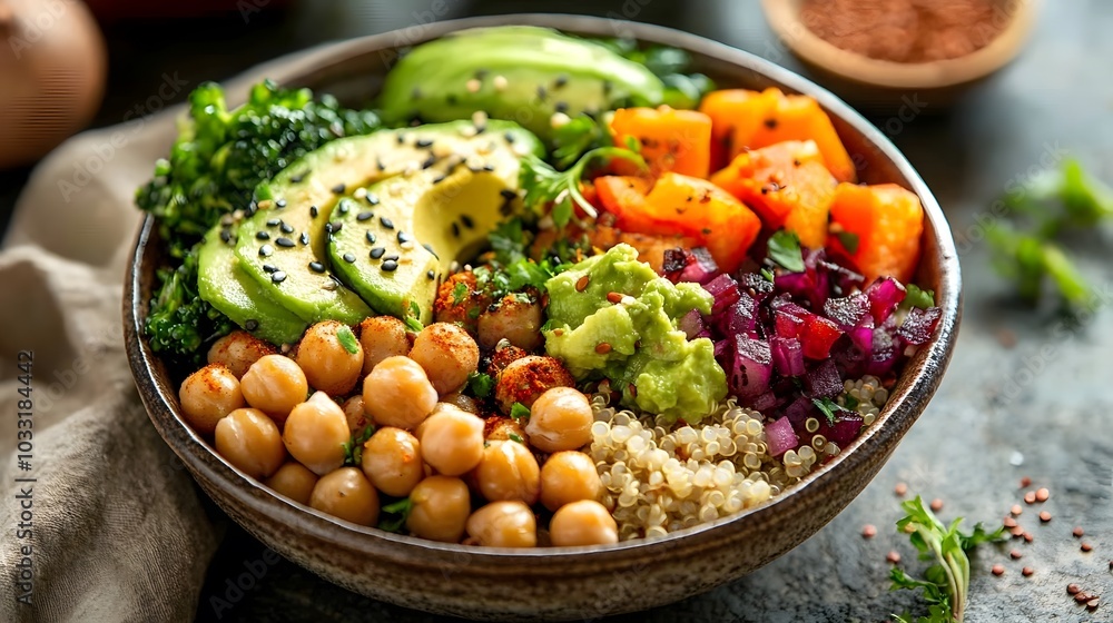 A vegan Buddha bowl, filled with quinoa, roasted vegetables, chickpeas, and avocado slices.
A vegan Buddha bowl, filled with quinoa, roasted vegetables, chickpeas, and avocado slices.