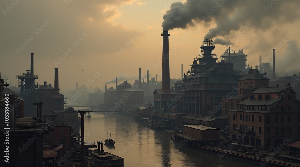 Illustration of a 19th century industrial factory with steam engines Illustration of a 19th century industrial factory with steam engines