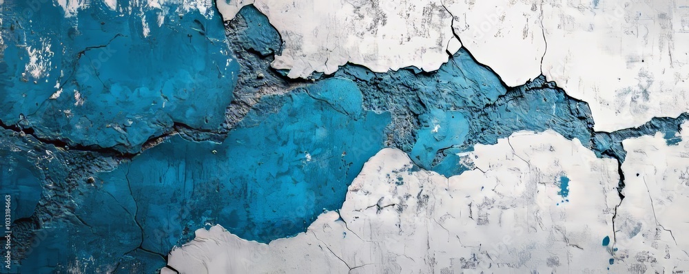 Obraz premium Bold abstract design, top-down view of cracked concrete with sharp black, blue, and white streaks. High contrast with distressed texture