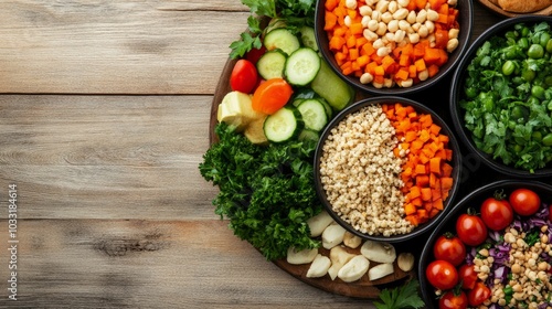 A lively vegetarian spread, featuring an array of colorful dishes arranged on a charming wooden table, embodies the essence of wholesome eating.