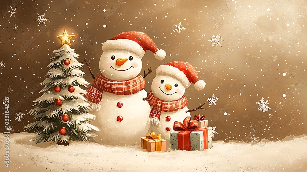 Charming Family Snowmen in Winter Wonderland Scene Charming Family Snowmen in Winter Wonderland Scene