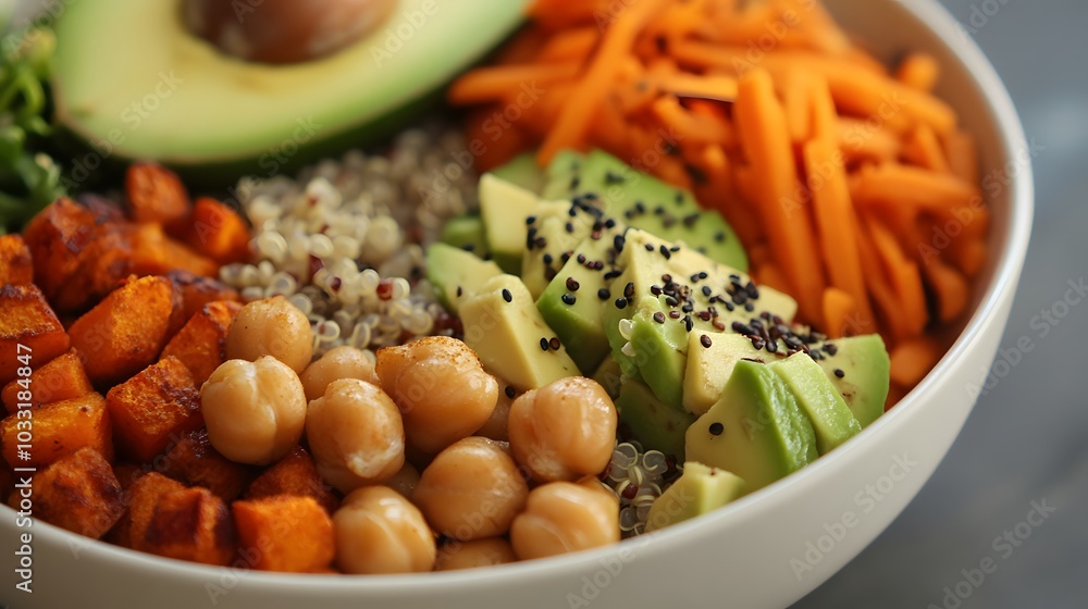 A vegan Buddha bowl, filled with quinoa, roasted vegetables, chickpeas, and avocado slices.
A vegan Buddha bowl, filled with quinoa, roasted vegetables, chickpeas, and avocado slices.