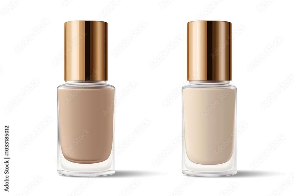 Two elegant nail polish bottles with golden caps on a white isolate background. Two elegant nail polish bottles with golden caps on a white isolate background.