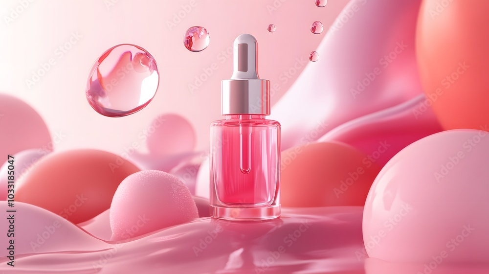 Pink Dropper Bottle with Droplets on Abstract Pink Background Pink Dropper Bottle with Droplets on Abstract Pink Background