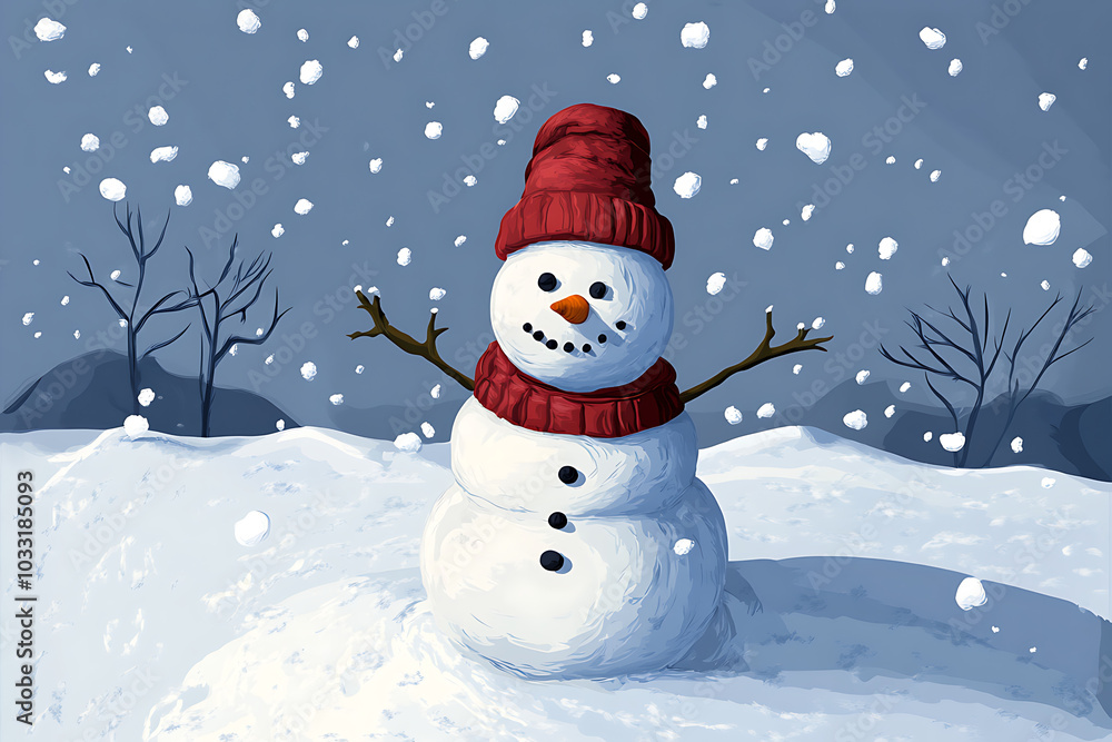 A cheerful snowman stands in a snowy landscape, surrounded by falling snowflakes. A cheerful snowman stands in a snowy landscape, surrounded by falling snowflakes.