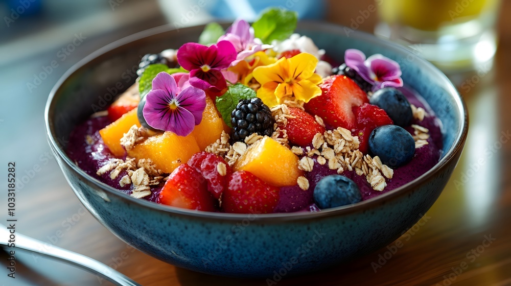 A vibrant bowl of acai, topped with fresh fruits, granola, and edible flowers.
A vibrant bowl of acai, topped with fresh fruits, granola, and edible flowers.