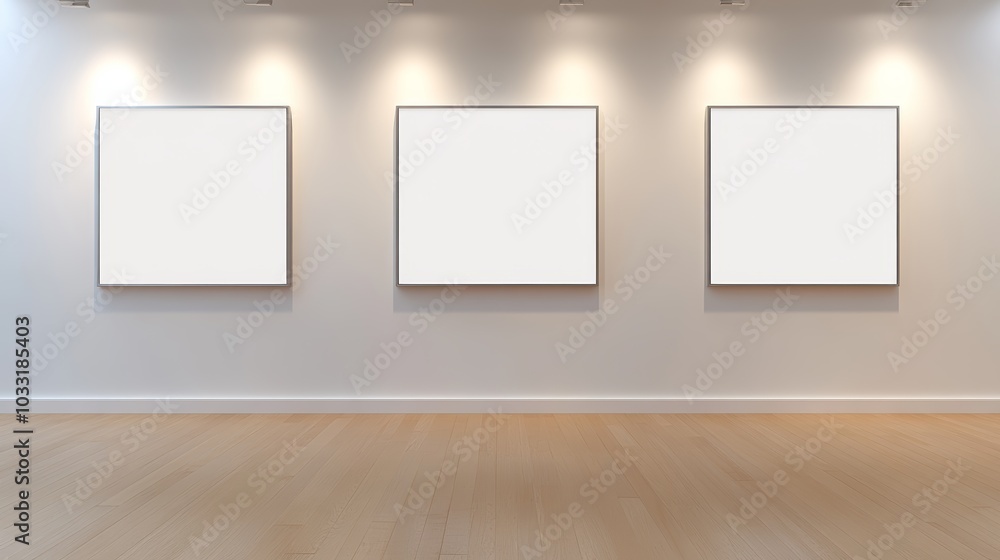 A minimalist art gallery featuring three blank on a light-colored wall, illuminated by soft overhead lights. A minimalist art gallery featuring three blank on a light-colored wall, illuminated by soft overhead lights.