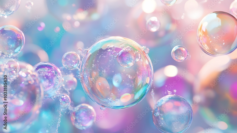 Iridescent Soap Bubbles Floating Against a Blurred Pastel Background Iridescent Soap Bubbles Floating Against a Blurred Pastel Background