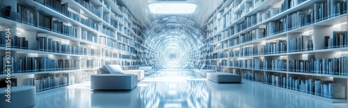 Futuristic library, where AI organizes and presents information as glowing holograms