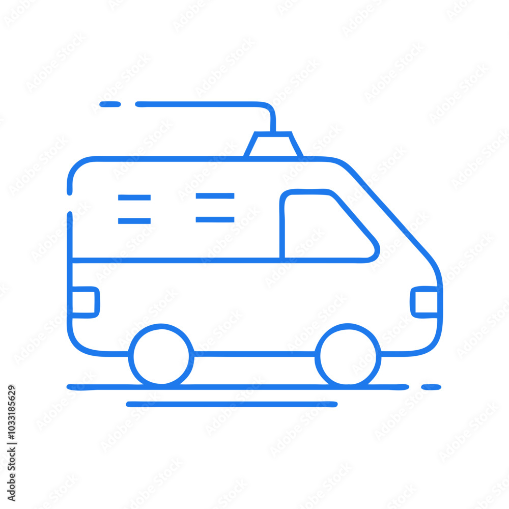 Emergency medical service van in motion, blue outline design Emergency medical service van in motion, blue outline design