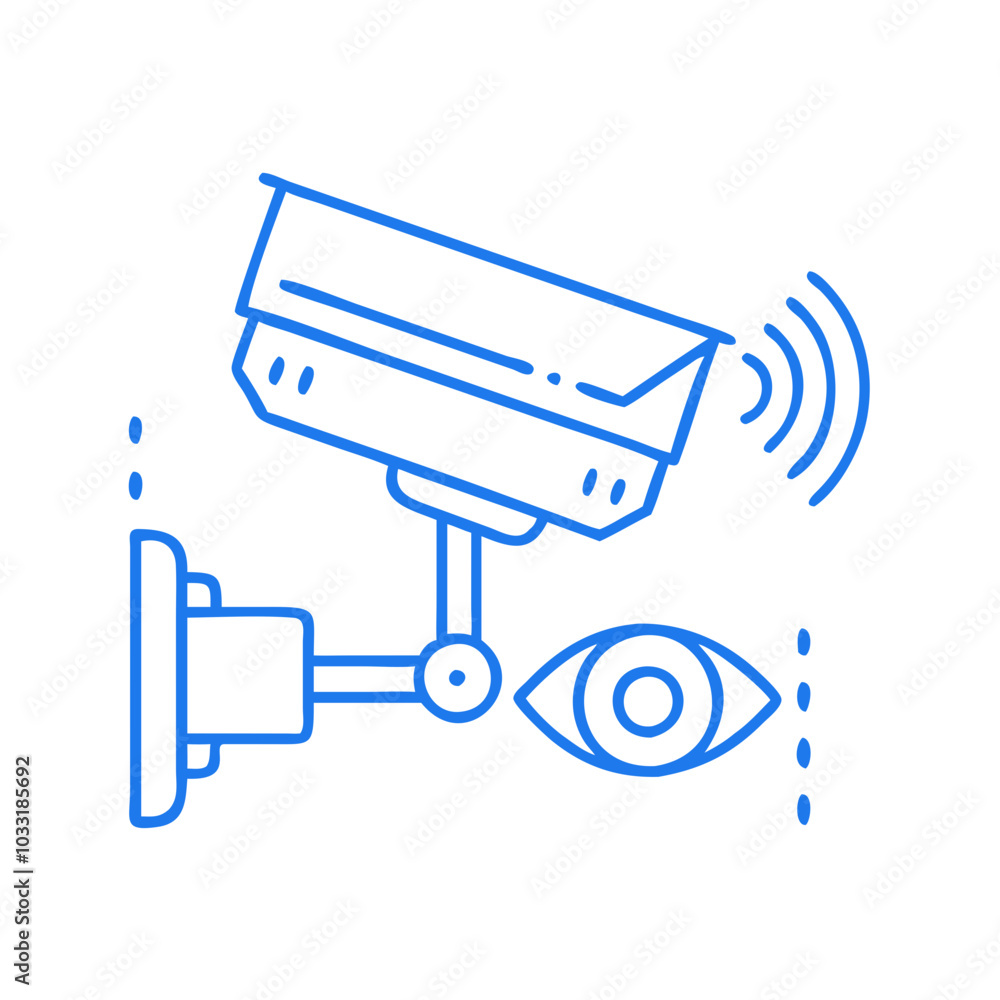 Surveillance camera and eye illustration in blue color representing monitoring and security Surveillance camera and eye illustration in blue color representing monitoring and security