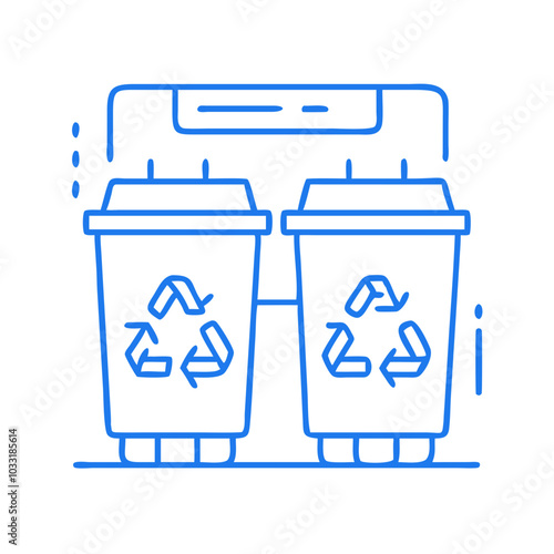 Recycling bins with recycle symbols in a modern style, blue colors, copy space