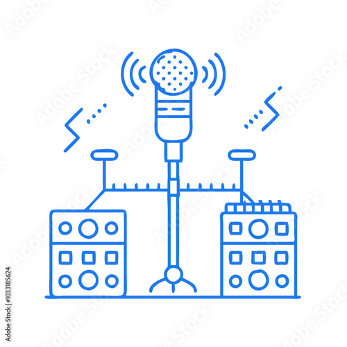 Microphone with sound waves and audio equipment in blue outline design