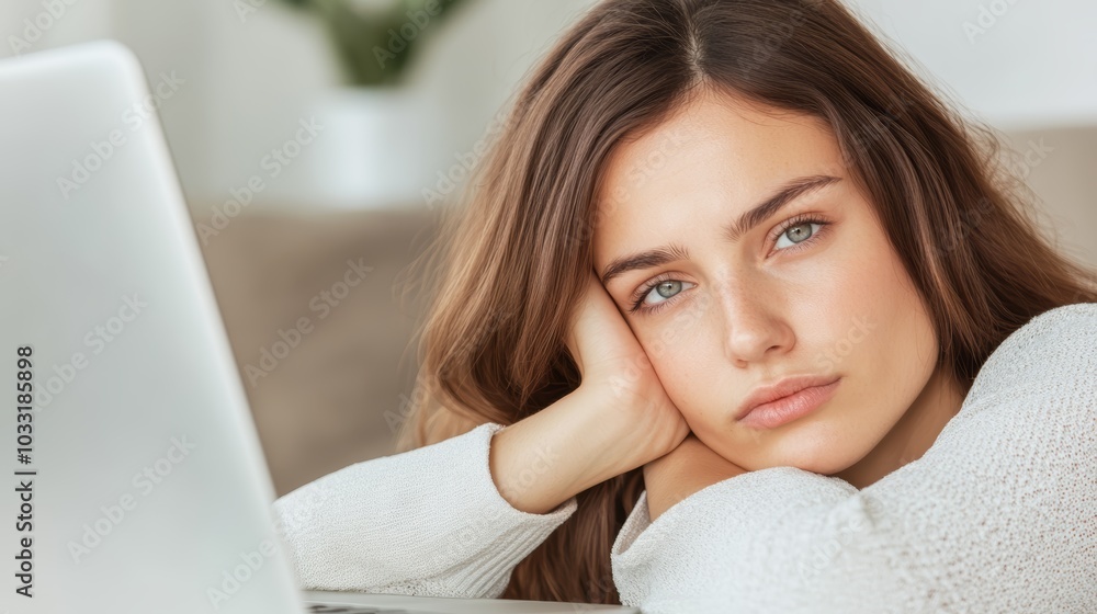 A young woman looks thoughtfully at a laptop, resting her head on her hand, reflecting a moment of contemplation or boredom in a cozy environment. A young woman looks thoughtfully at a laptop, resting her head on her hand, reflecting a moment of contemplation or boredom in a cozy environment.