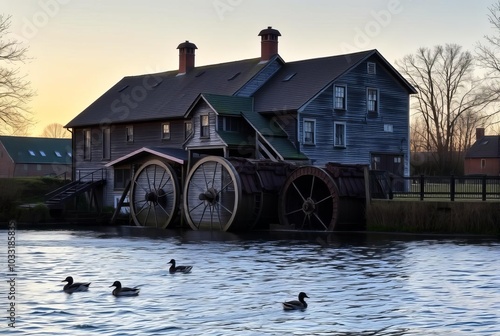 Old Mill at Dawn A weathered mill at dawn by a river with waterw photo