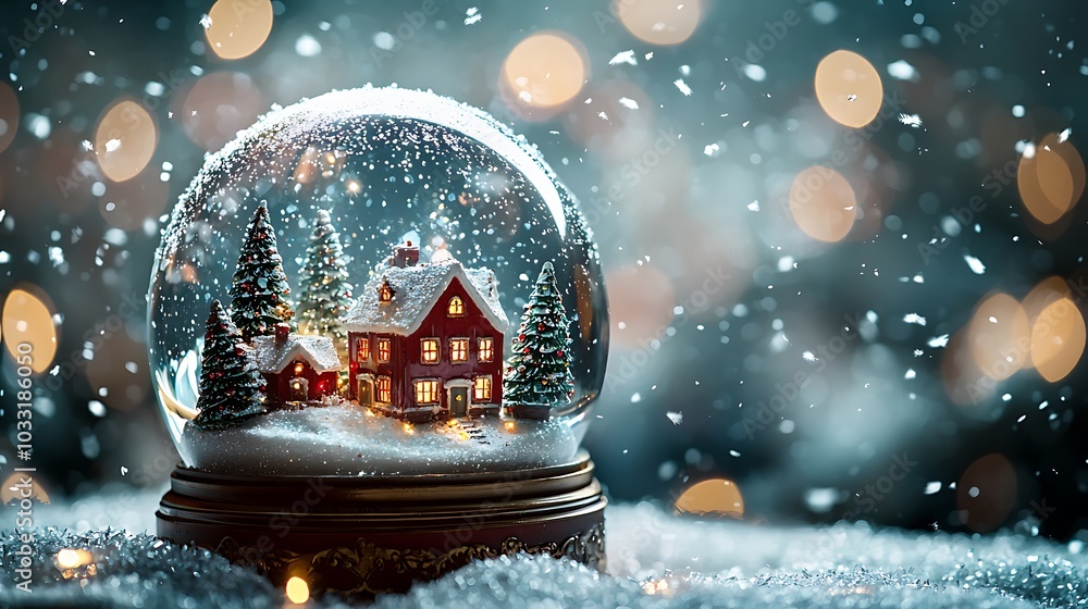 Tiny Christmas Village in Snow Globe with Snowflakes Tiny Christmas Village in Snow Globe with Snowflakes