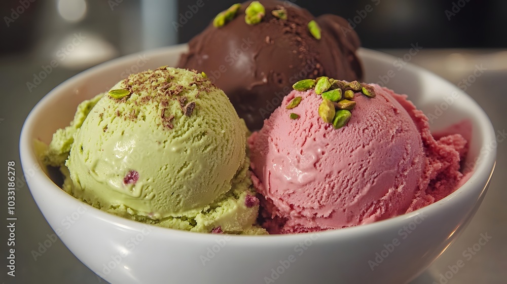 A bowl of gelato, with three scoops in flavors like chocolate, pistachio, and strawberry.
A bowl of gelato, with three scoops in flavors like chocolate, pistachio, and strawberry.