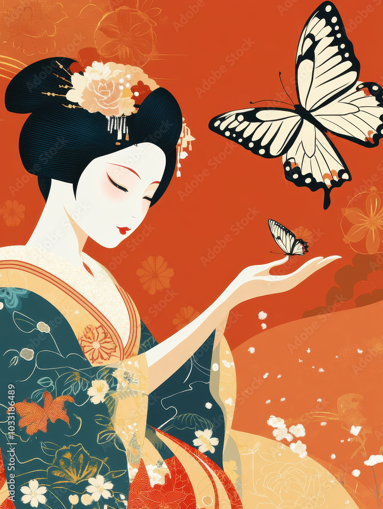 Fototapeta premium A geisha attempting to catch a butterfly, but the butterfly is wearing a tiny kimono too --ar 3:4 --style raw --v 6.1 Job ID: ce3f1b6c-ec1e-44b9-8482-271e97afe315