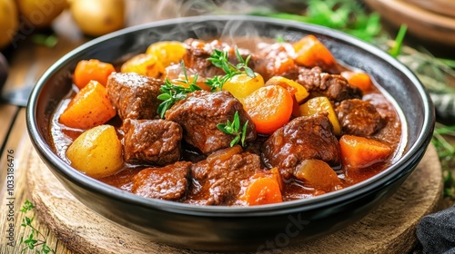 A bowl of beef stew with chunky carrots and potatoes, the steam rising as it sits ready to eat on a wooden table