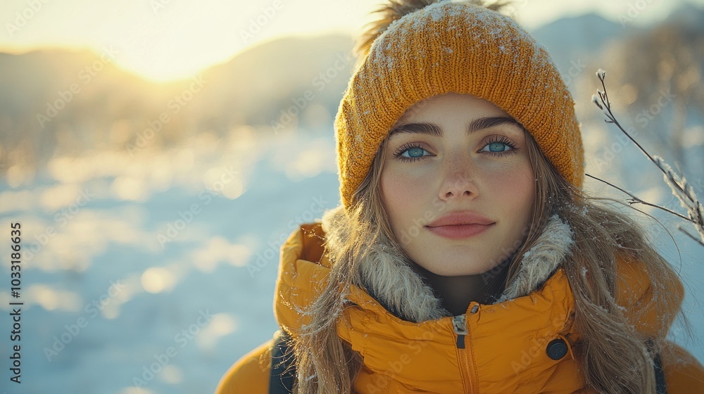 A young woman in a yellow winter jacket and hat, smiling in a snowy landscape during sunset. A young woman in a yellow winter jacket and hat, smiling in a snowy landscape during sunset.