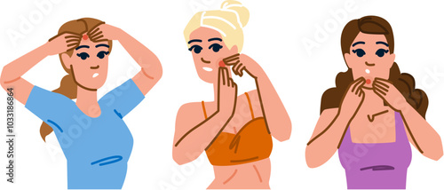 breakout squeeze acne pimple woman vector. treatment cleanse, moisturizer dermatologist, inflammation blackhead breakout squeeze acne pimple woman character. people flat cartoon illustration