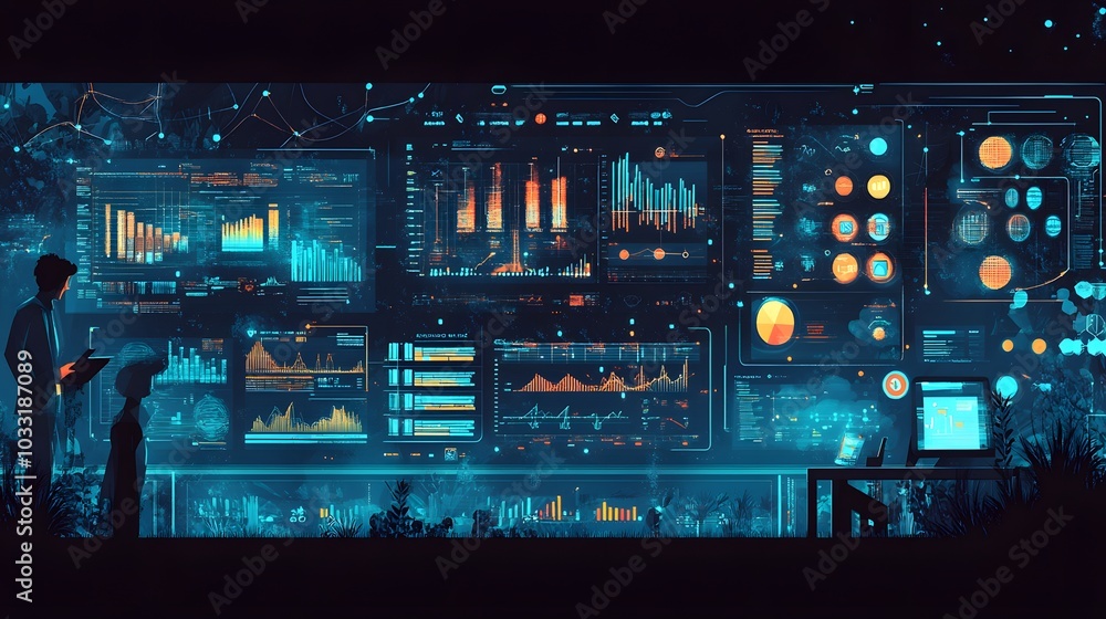 Two Figures Analyzing Data on a Wall of Screens Two Figures Analyzing Data on a Wall of Screens