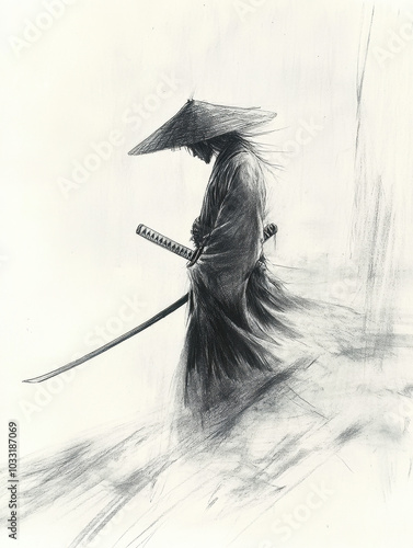 A pencil sketch of a samurai's reflection in his sword blade