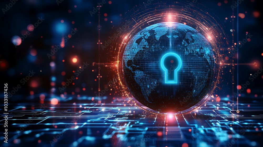 Fototapeta premium A locked globe with secure digital lines representing cybersecurity across nations.