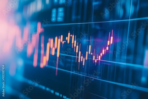 A stock market graph with rising candlestick patterns, indicating an upward trend in the financial landscape. The background is blurred to emphasize the trading charts and candlestick patterns. 