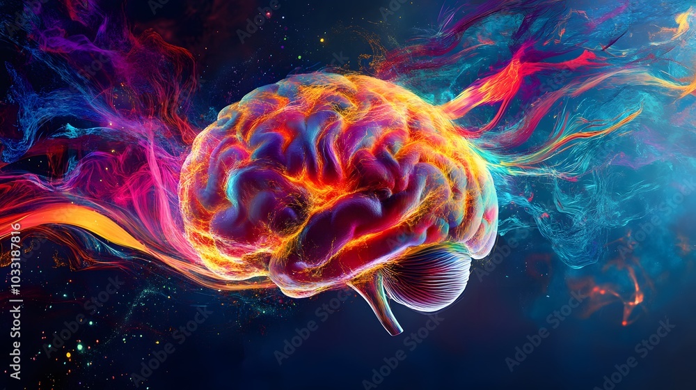 Obraz premium A 3D Rendered Brain Surrounded by Vibrant, Colorful, Abstract Swirls