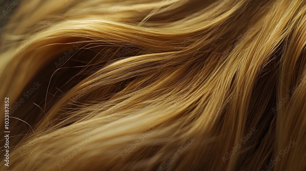 Naklejka premium A detailed close-up of silky blonde hair, with flowing strands and natural golden tones, filling the frame