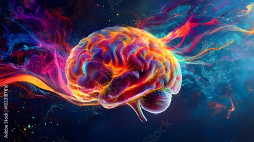 A 3D Rendered Brain Surrounded by Vibrant, Colorful, Abstract Swirls