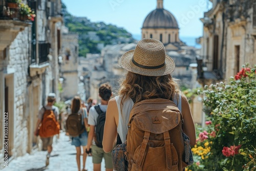 A traveler with a backpack walks down a scenic street lined with flowers and historic buildings.