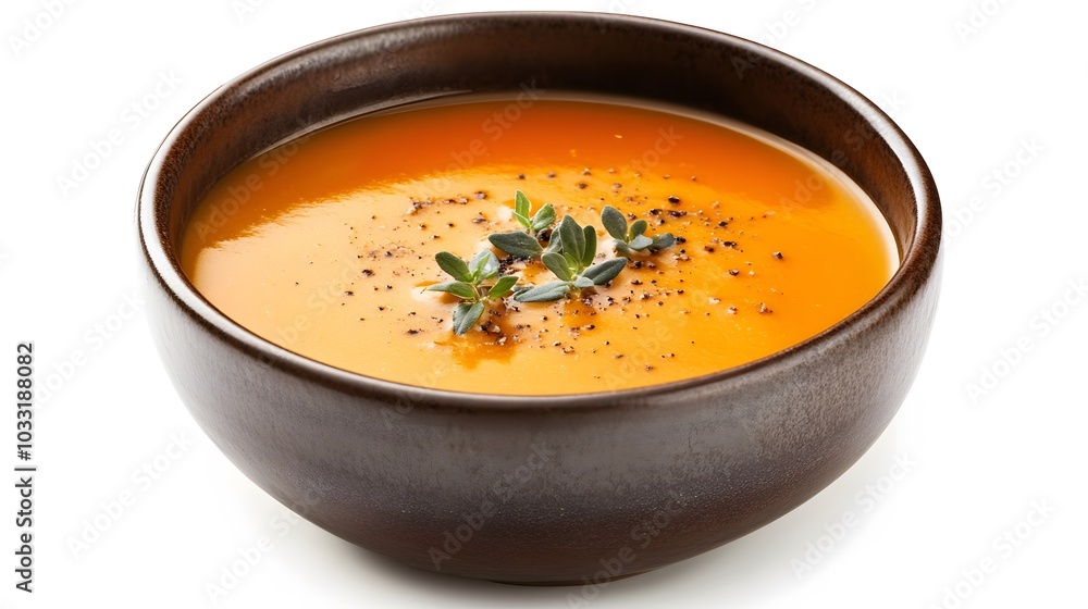 Delicious pumpkin cream soup in bowl on white background. Delicious pumpkin cream soup in bowl on white background.