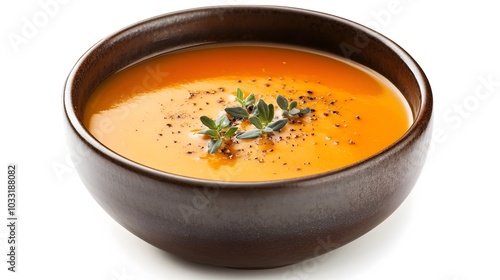 Delicious pumpkin cream soup in bowl on white background. 