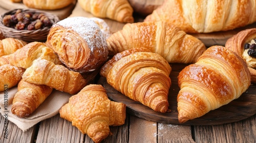 Freshly Baked Croissants and Pastries on a Wooden Table