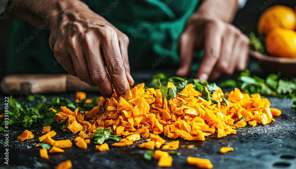 A person is chopping vibrant orange vegetables on a dark countertop, surrounded by fresh greens and oranges, highlighting culinary art and preparation. A person is chopping vibrant orange vegetables on a dark countertop, surrounded by fresh greens and oranges, highlighting culinary art and preparation.