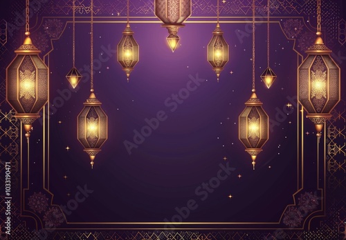 Golden Lanterns Hanging on a Purple Background
