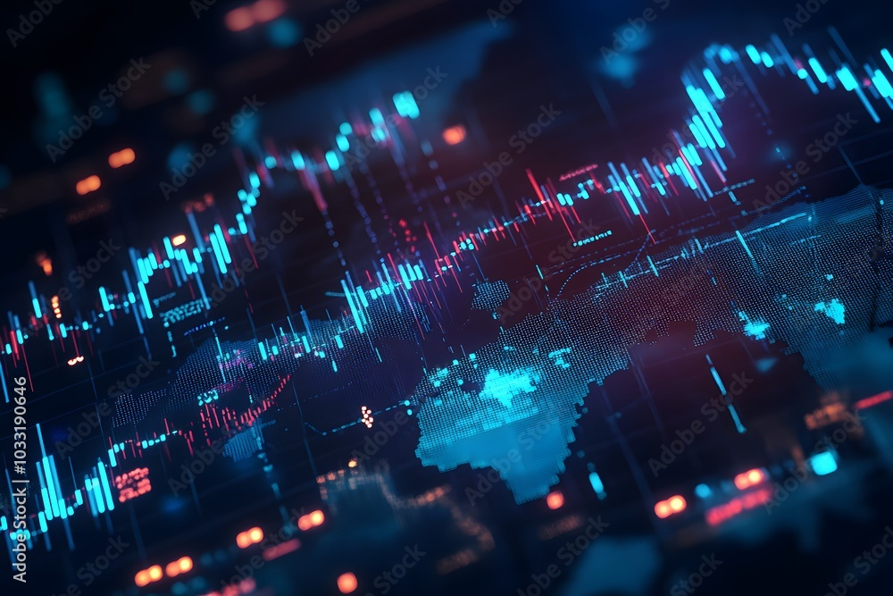 A stock market graph with upward-trending lines and bar charts on a dark background, with blue glowing elements and light accents on the world map in the foreground. A stock market graph with upward-trending lines and bar charts on a dark background, with blue glowing elements and light accents on the world map in the foreground.