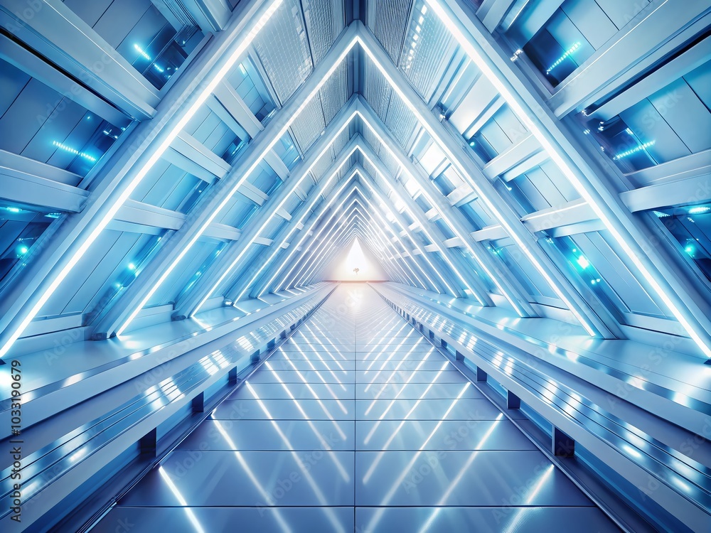 White Sci-Fi Tunnel with Triangles and Modern Lighting - Endless Flight to the Light in a Seamless 3D White Sci-Fi Tunnel with Triangles and Modern Lighting - Endless Flight to the Light in a Seamless 3D
