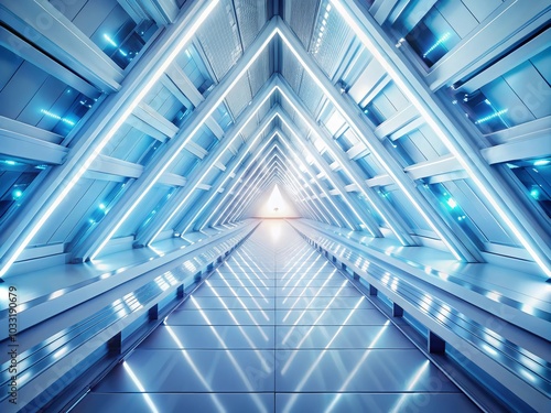White Sci-Fi Tunnel with Triangles and Modern Lighting - Endless Flight to the Light in a Seamless 3D