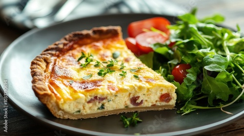 Fresh Quiche with Salad on a Plate