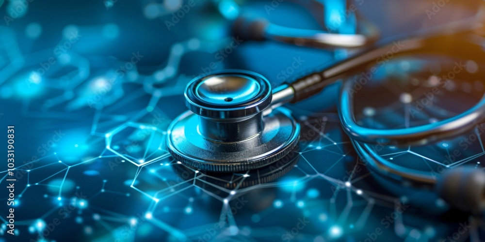 Stethoscope and Medical Equipment on a Minimal Background with DNA, Virus, and Cell Imagery Representing Healthcare and Pharmaceutical Research. Stethoscope and Medical Equipment on a Minimal Background with DNA, Virus, and Cell Imagery Representing Healthcare and Pharmaceutical Research.