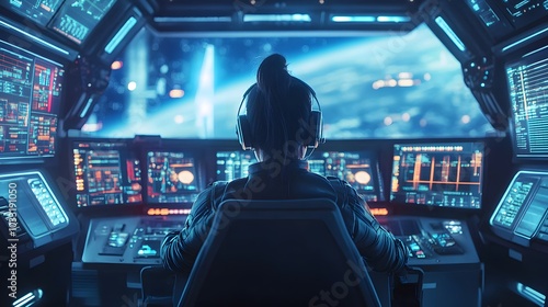 A lone astronaut pilot sits in the cockpit of a spaceship, facing a view of a distant planet.